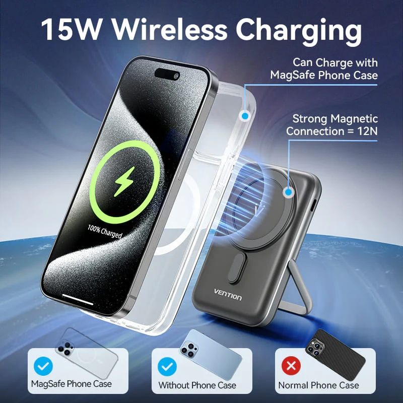 УМБ Vention Magnetic Wireless 10000mAh 20W PD USB-C In/Out, QI-15W Black (FHNB0)