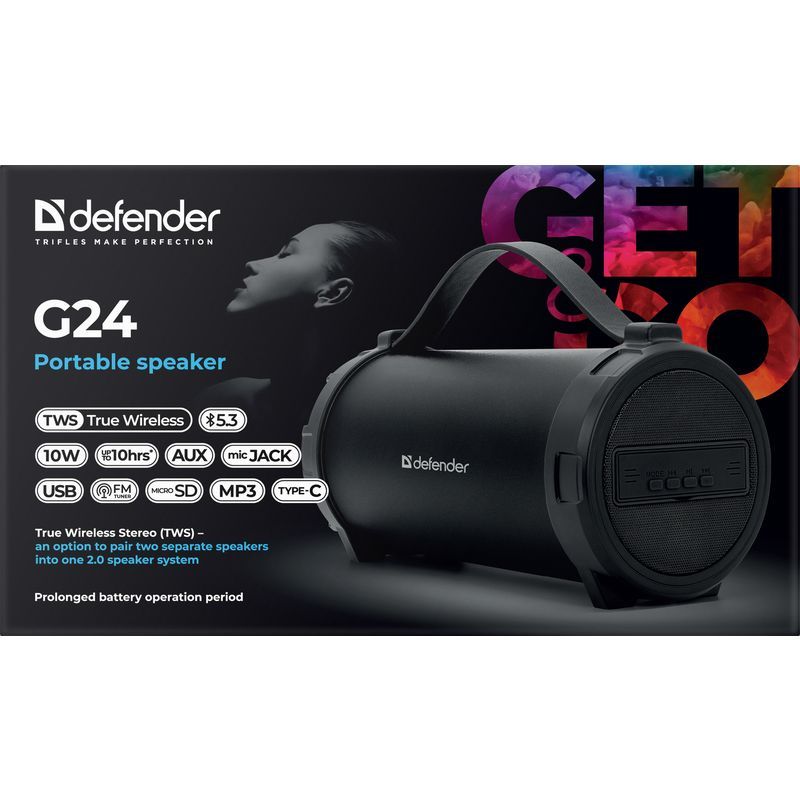Акустична система 1.0 Defender G24 10W, BT/TF/USB/AUX/1500мАч (65124)