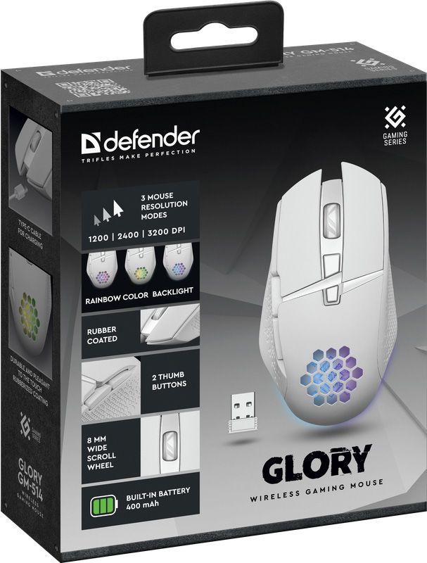 Мишка Defender Glory GM-514, ігрова, бездротова 3200dpi., 6кн., LED біла (52513)