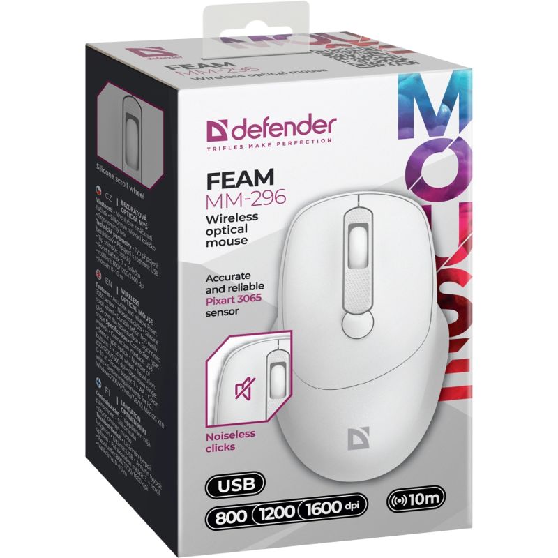 Мишка Defender Feam MM-296, бездротова, 4кн. до 1600 dpi, безшумна, біла (52297)