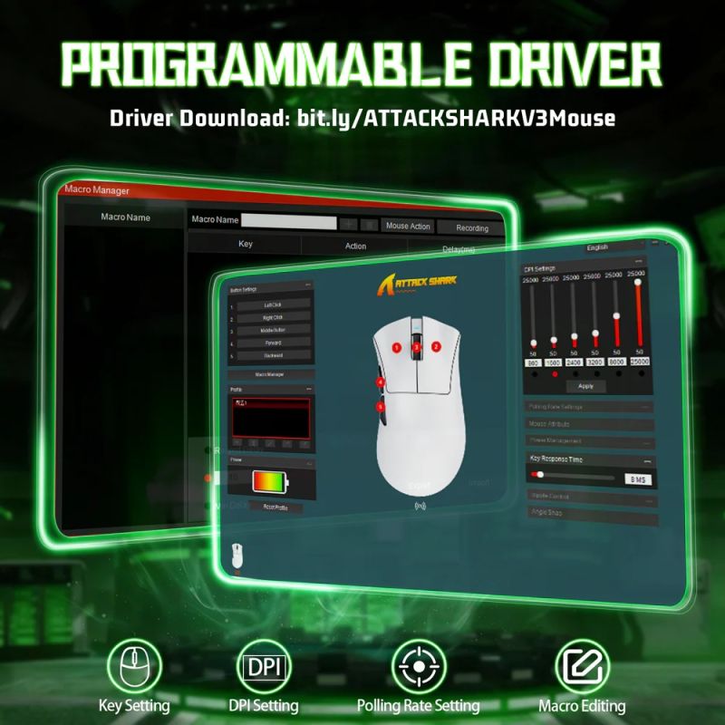 Мишка Attack Shark V3 Ultra-Light, Wireless, PAW3311 сенсор, 25000dpi., 6кн., Black (V3B_AS)