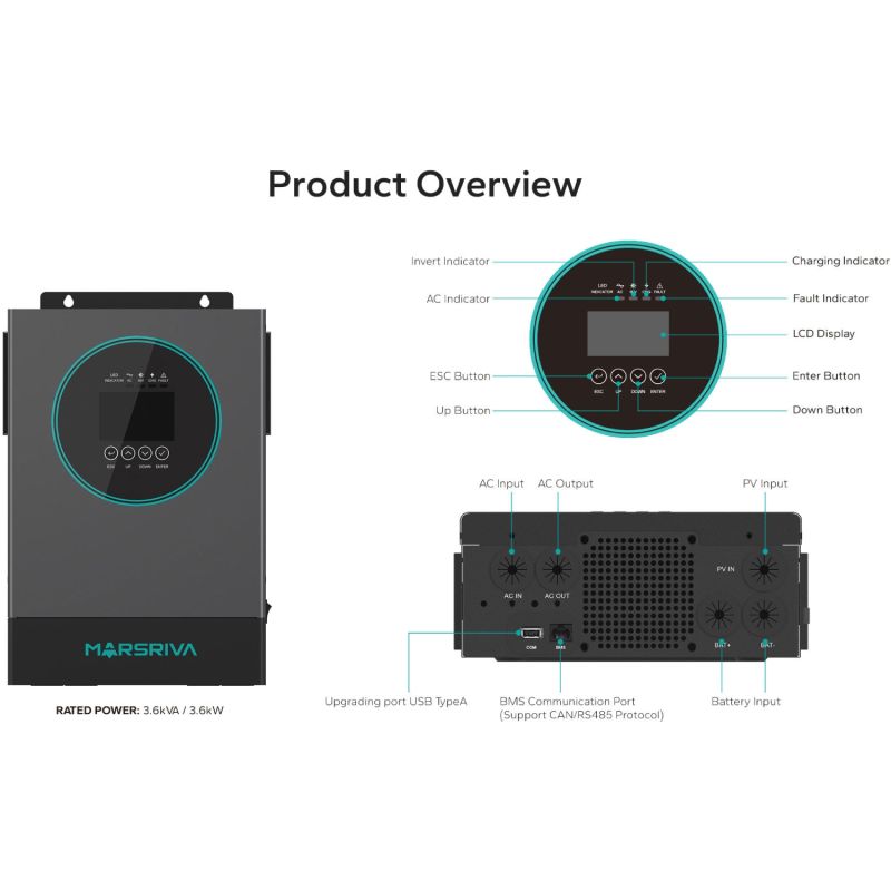 Інвертор Marsriva OFF-G 3.6 kW 230V RS232/RS485 CE PF1 VOL VM III 3,3 кВт TWIN-24V, з Wi-Fi (MR-SPF3.6K-LP1-TL20E)