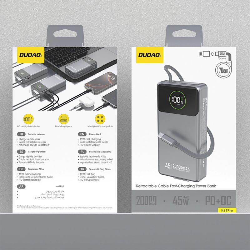 УМБ Dudao 20000mAh K31 Pro 45W PD,QC USB-A,USB-C In/Out,with built-in USB-C/Lightning cables Gray (6977196682010)
