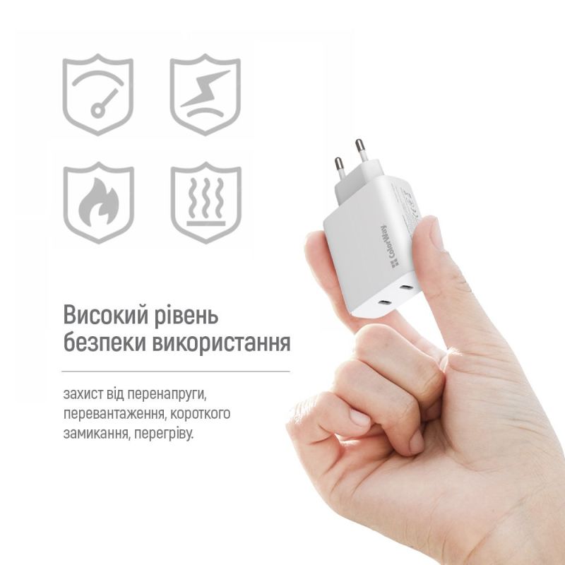 Сетевое зарядное устройство ColorWay GaN Mini 50W PD Port PPS USB (Type-C PD 30W + Type-C PD 20W) White (CW-CHS050PD-WT)