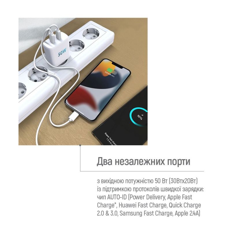 Сетевое зарядное устройство ColorWay GaN Mini 50W PD Port PPS USB (Type-C PD 30W + Type-C PD 20W) White (CW-CHS050PD-WT)