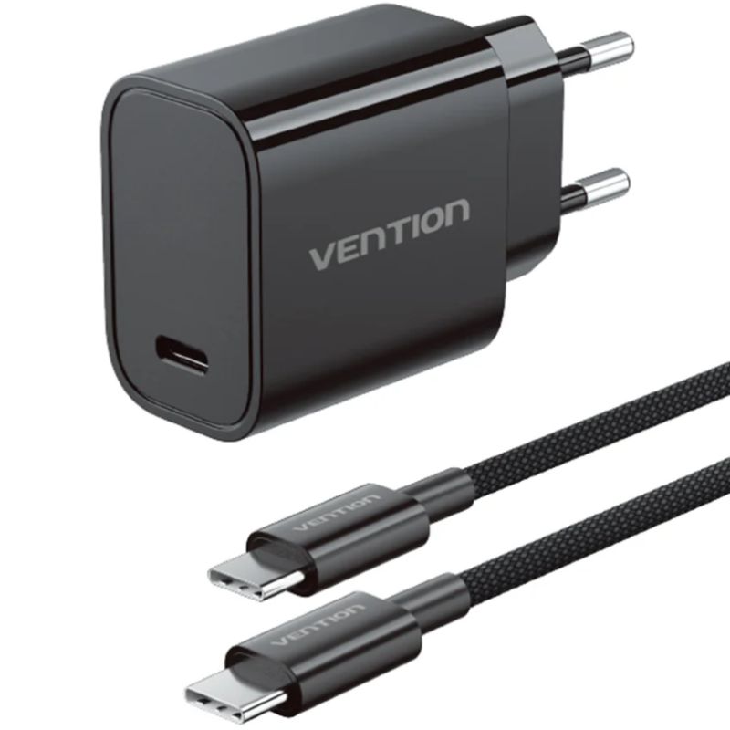 Зарядний пристрій 1xUSB-C 30W + USB-C cable М-М  Black Vention (G18B0-EU)