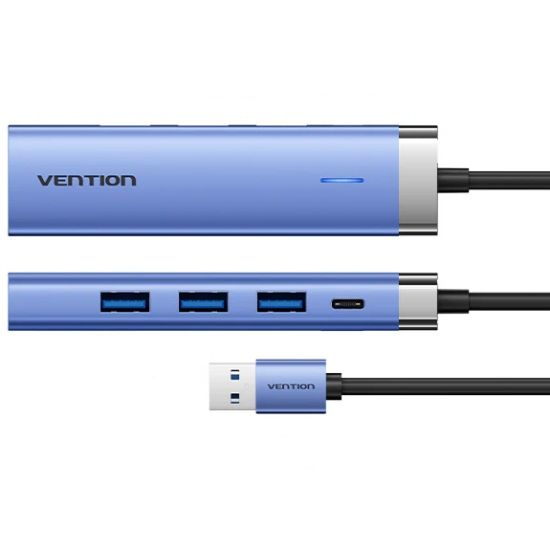 Док станція USB3.0 --> USBx3,3.0/RJ45/Type-C 10W Hub Blue Aluminum Alloy 5-in-1 Vention (TGFSB)