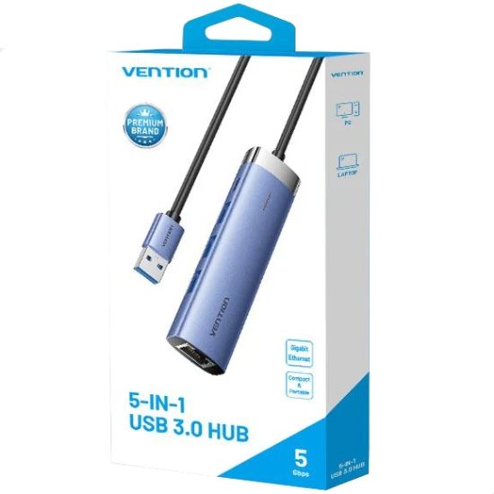 Док станція USB3.0 --> USBx3,3.0/RJ45/Type-C 10W Hub Blue Aluminum Alloy 5-in-1 Vention (TGFSB)