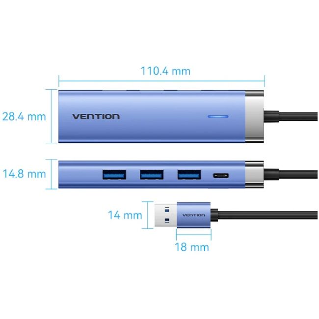 Док станція USB3.0 --> USBx3,3.0/RJ45/Type-C 10W Hub Blue Aluminum Alloy 5-in-1 Vention (TGFSB)