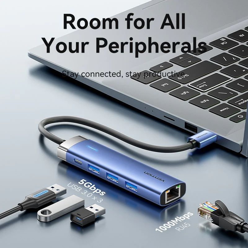 Док станція USB3.0 --> USBx3,3.0/RJ45/Type-C 10W Hub Blue Aluminum Alloy 5-in-1 Vention (TGFSB)