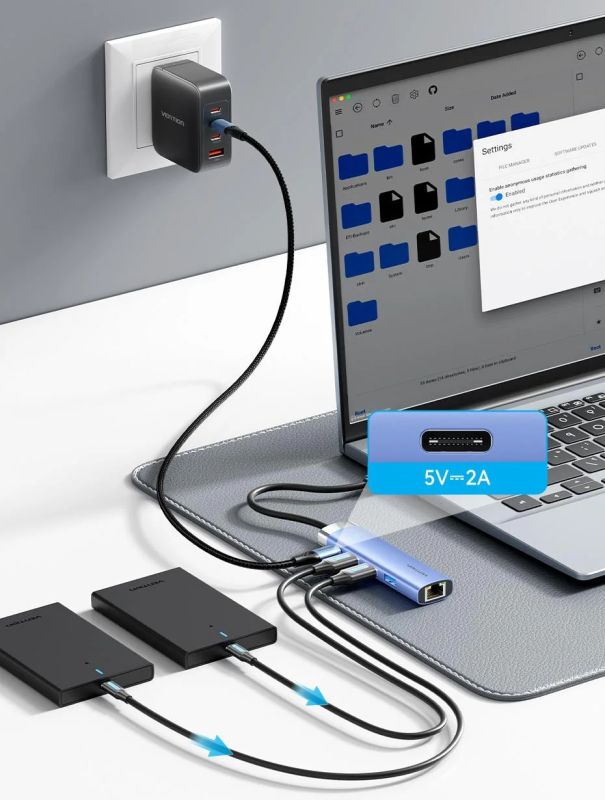 Док станція USB3.0 --> USBx3,3.0/RJ45/Type-C 10W Hub Blue Aluminum Alloy 5-in-1 Vention (TGFSB)