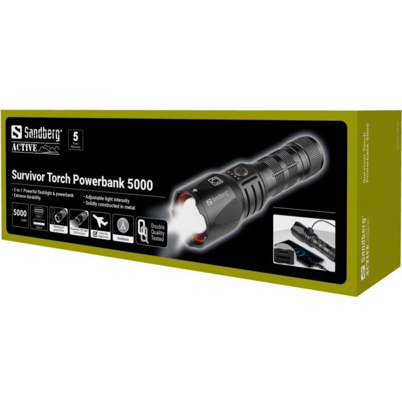 Ліхтарик-повербанк Sandberg Survivor Torch Powerbank 5000 mAh XHP160LED USB-C 18w (420-89)