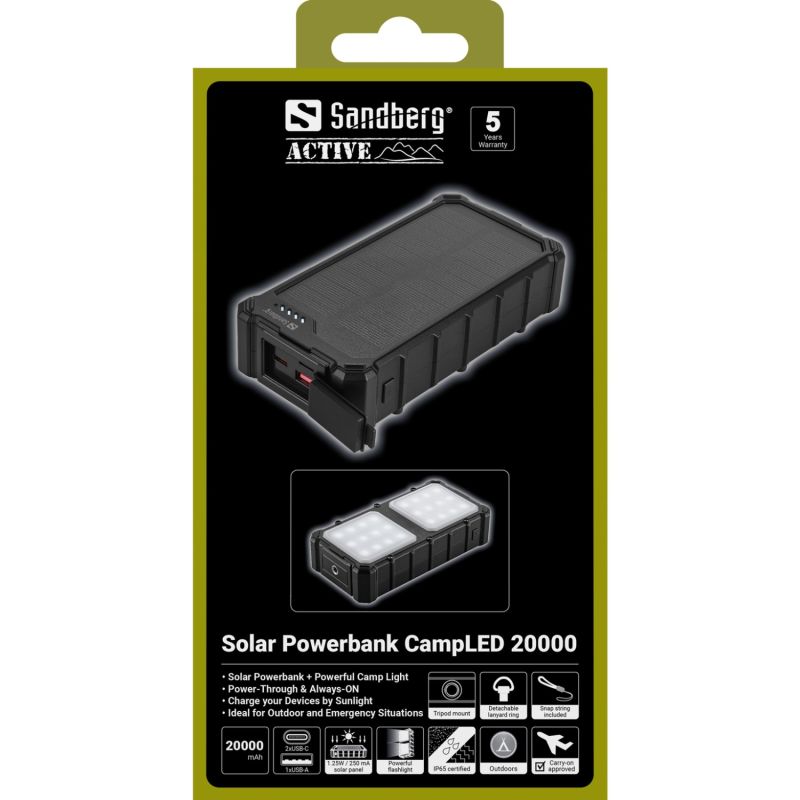УМБ сонячна Sandberg 20000mAh 22,5W PD Solar Powerbank CampLED, USB-A,2xUSB-C In/Out, Powerful light (421-24)