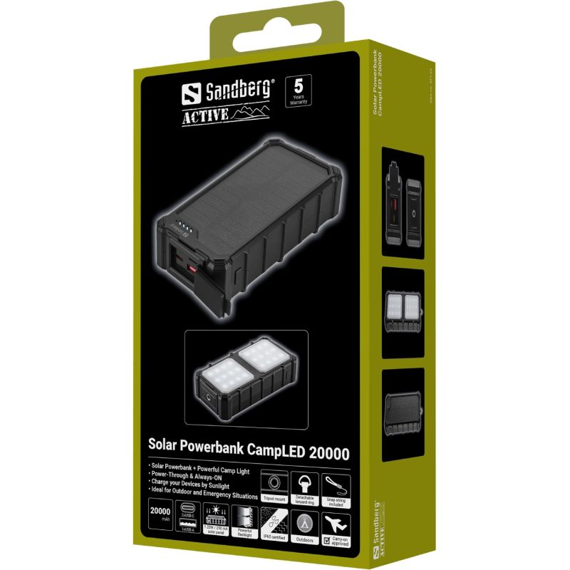 УМБ сонячна Sandberg 20000mAh 22,5W PD Solar Powerbank CampLED, USB-A,2xUSB-C In/Out, Powerful light (421-24)