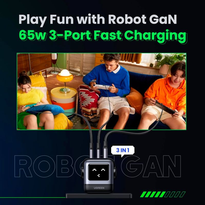 Зарядний пристрій 3xUSB 65W (2xUSB-C+USB-A) Gan Robot tech Fast Charger Сірий CD361 Ugreen (25685B)
