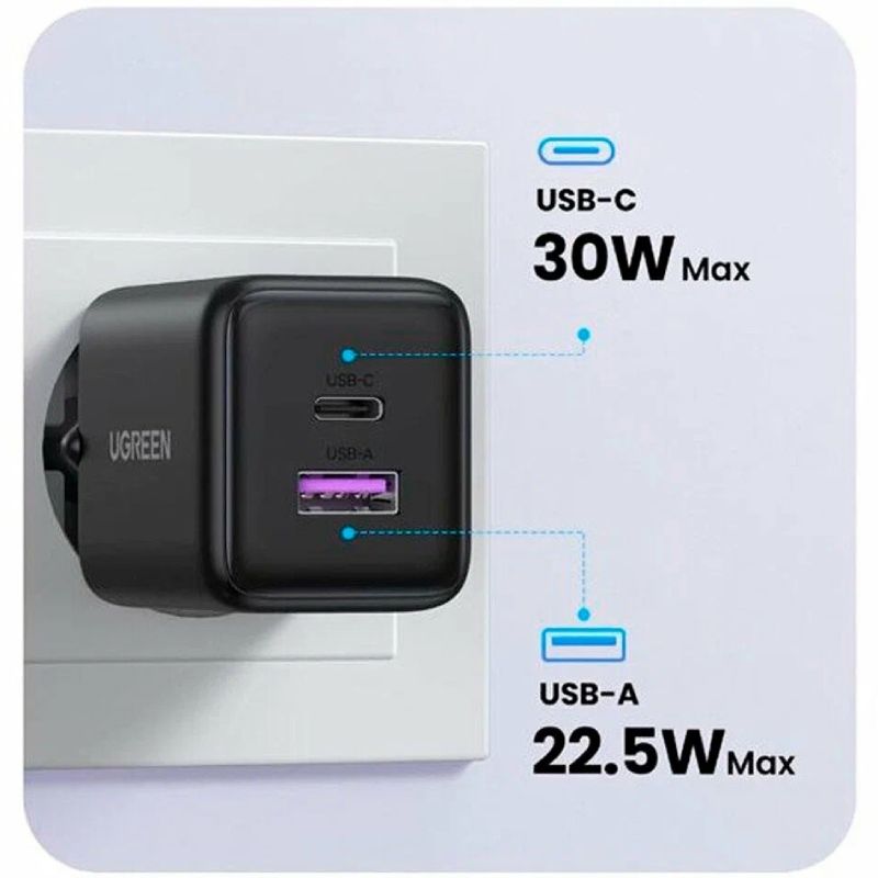 Зарядний пристрій 2xUSB 30W (USB-A + USB-C) X516 Gan чорний Ugreen (65014)