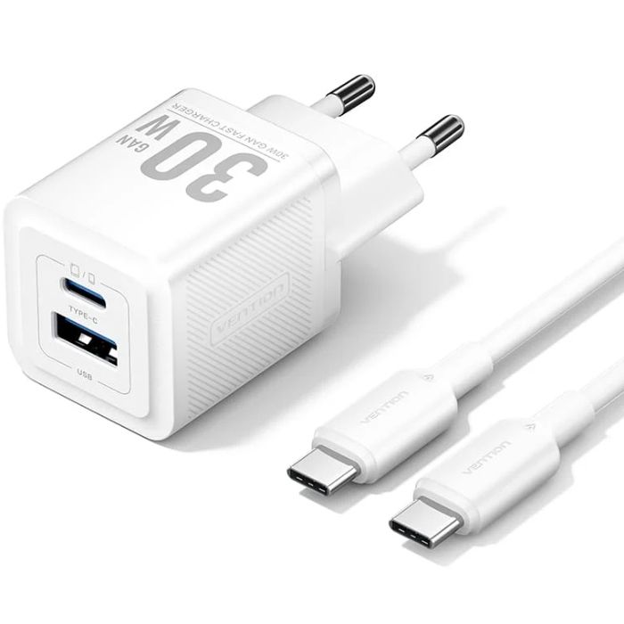 Зарядний пристрій 2xUSB 30W (USB-A/USB-C) + USB-C cable М-М  White Vention (TZ-FEQW0-EU-01)