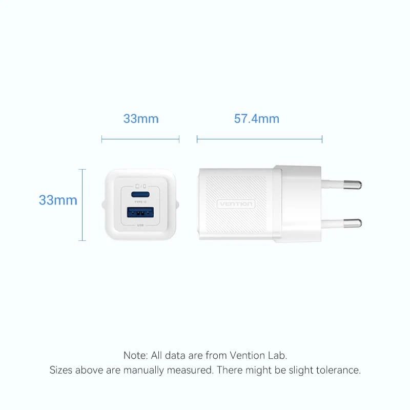 Зарядний пристрій 2xUSB 30W (USB-A/USB-C) + USB-C cable М-М  White Vention (TZ-FEQW0-EU-01)
