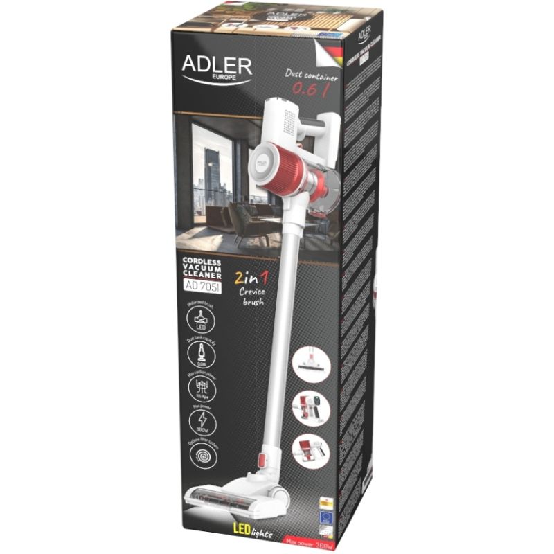 Порохотяг Adler AD 7051 бездротовий/ 300Вт/ 0.6л/ LCD дисплей/ щітка зі світлодіодним підсвічуванням (AD7051)