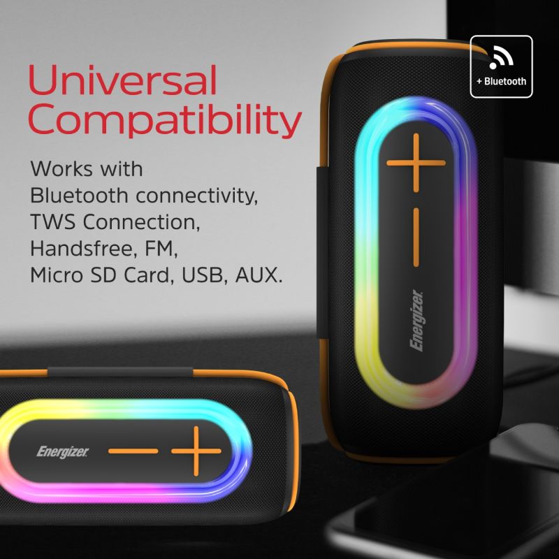Акустична система 1.0 Energizer 20Вт Bluetooth 5.2/MicroSD/USB/AUX/FM,IPX65, 360° Sound чорна (BTS206)