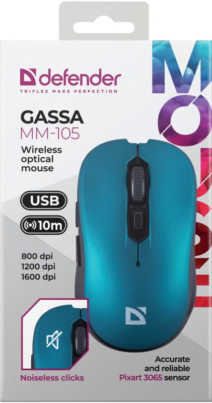 Мишка Defender Gassa MM-105, бездротова, 6кн. до 1600 dpi, безшумна, бірюзова (52102)