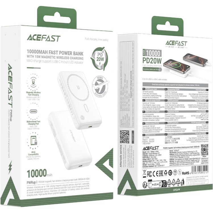 УМБ Acefast Magnetic Wireless 10000mAh 20W PD,QC 3.0, QI 15W, ультра тонкий, M26 White (6974316285212)