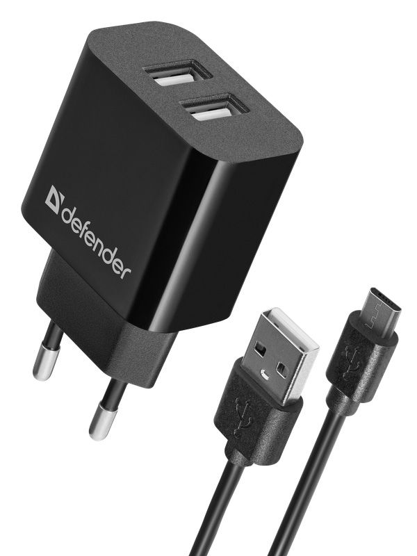 Зарядний пристрій 2xUSB 12W 2.1A UPC-21 +кабель microUSB, чорний Defender (83581)