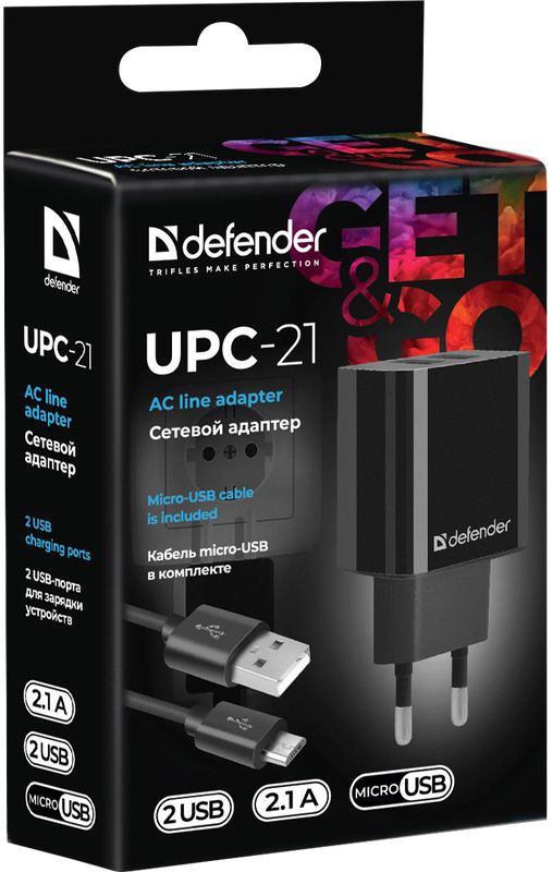 Зарядний пристрій 2xUSB 12W 2.1A UPC-21 +кабель microUSB, чорний Defender (83581)