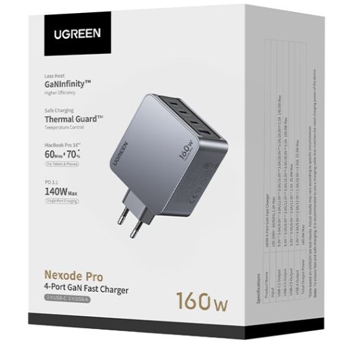 Зарядний пристрій 4xUSB 160W (3xUSB-C + USB-A) GaN + Type-C cable 100W сірий X763 Nexode Pro Ugreen (25877)