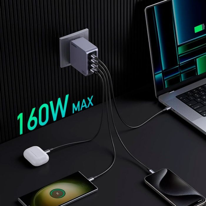 Зарядний пристрій 4xUSB 160W (3xUSB-C + USB-A) GaN + Type-C cable 100W сірий X763 Nexode Pro Ugreen (25877)