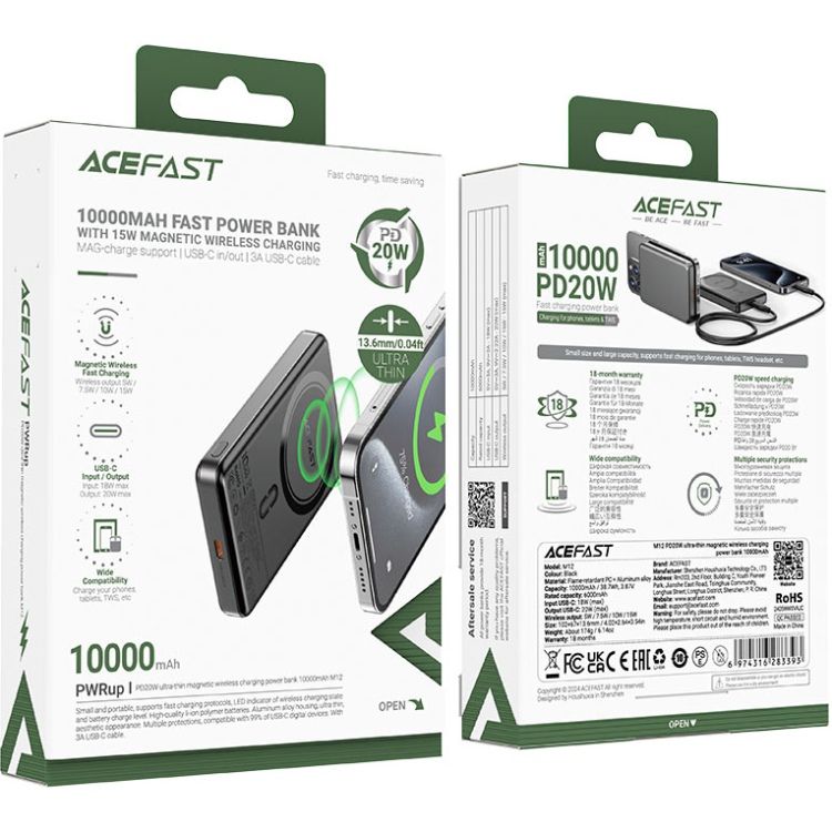 УМБ Acefast Magnetic Wireless 10000mAh 20W PD,QC 3.0, QI 15W M12 Black (6974316283393)