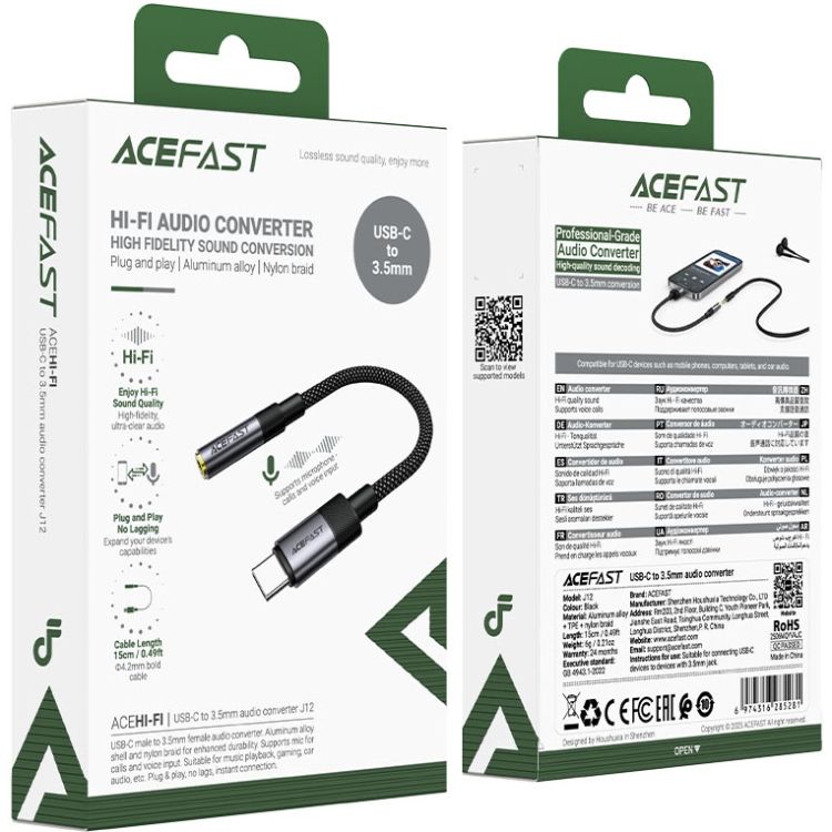 Перехідник USB-C --> 3.5 mm 15cm audio converter J12 Acefast black (6974316285281)