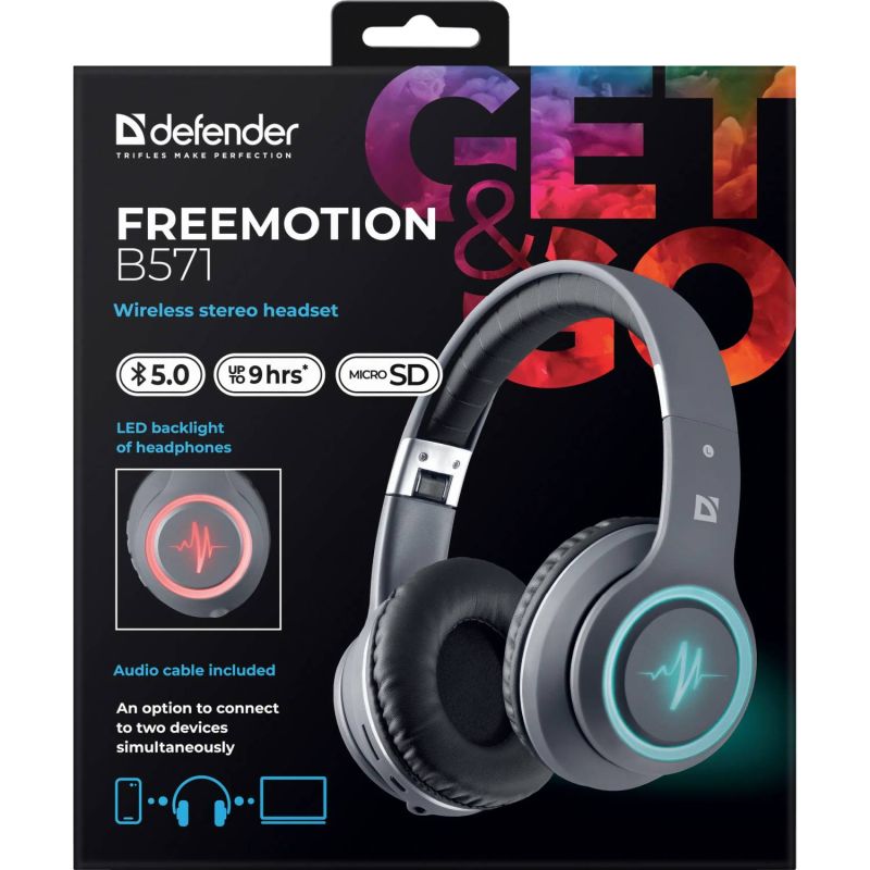 Гарнітура Defender FreeMotion B571, Bluetooth+3,5мм, LED, Gray (63571)