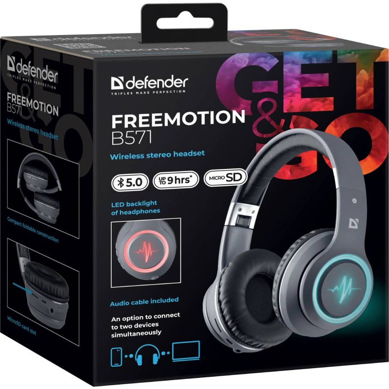 Гарнітура Defender FreeMotion B571, Bluetooth+3,5мм, LED, Gray (63571)