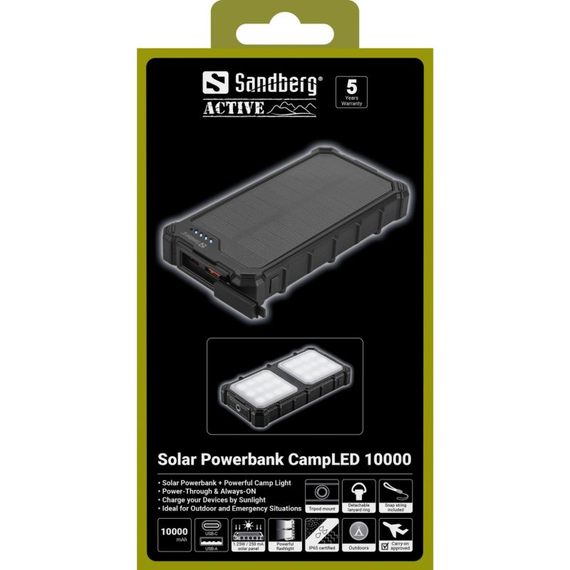 УМБ сонячна Sandberg 10000mAh 22,5W PD Solar Powerbank CampLED, USB-A,USB-C In/Out, PowerThru (421-23)
