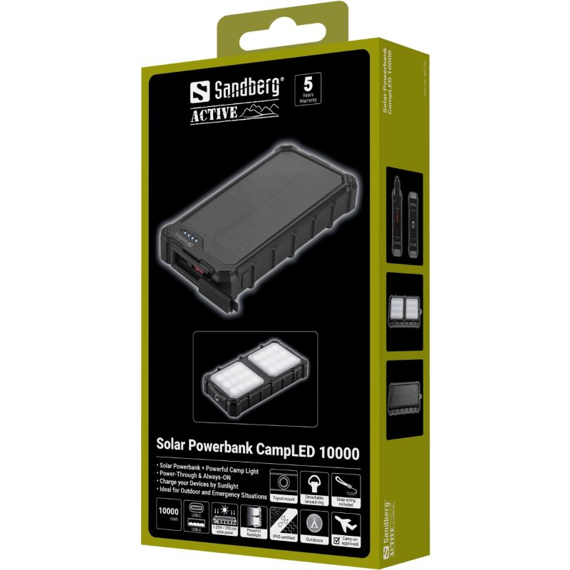 УМБ сонячна Sandberg 10000mAh 22,5W PD Solar Powerbank CampLED, USB-A,USB-C In/Out, PowerThru (421-23)
