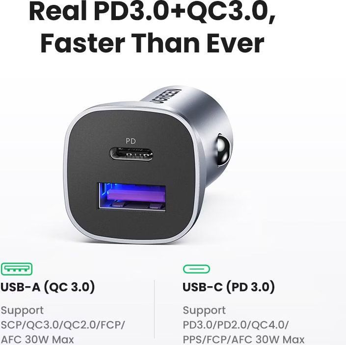 Автозарядка 2xUSB 30W (USB-C + USB-A) CD130 Ugreen (40858)