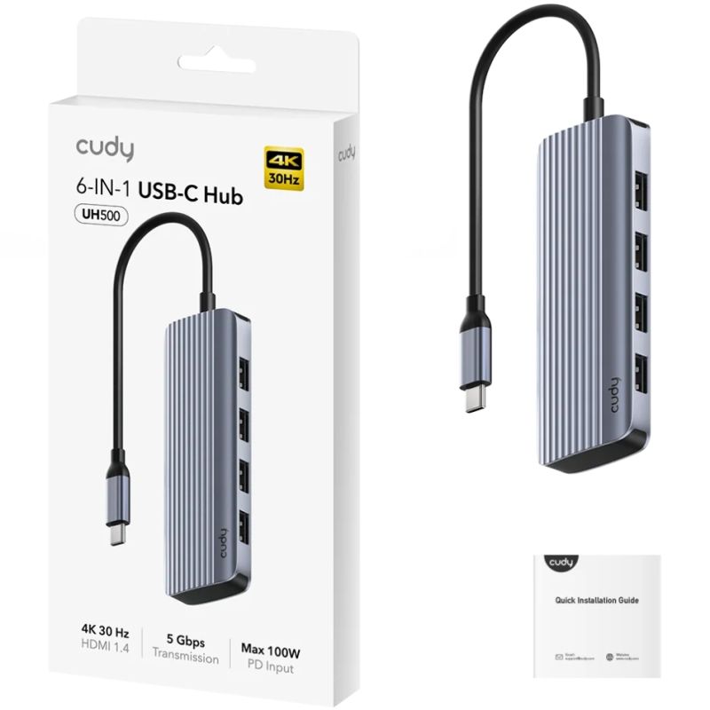 Хаб USB 3.0 Type-C -> 4xUSB-A, 1хUSB-C, 1xHDMI 4K@60 Hz, алюмінієвий корпус, Cudy (UH500)