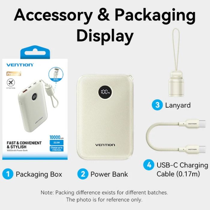 УМБ Vention 10000mAh 22,5W Fast Charging, USB-A, 2xUSB-C Beige (FKAN0-C)