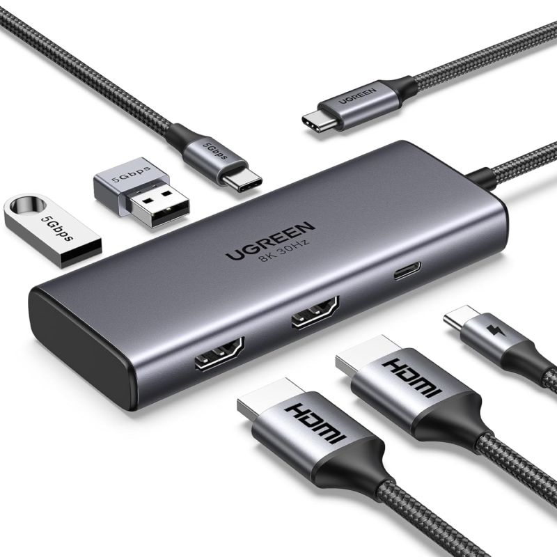 Док-станція USB3.1 Type-C --> HDMIx2,4K60Hz(8k30Hz)/USB 3.0x2/Type-C/PD 100W CM498 6 in 1 Ugreen (15852)