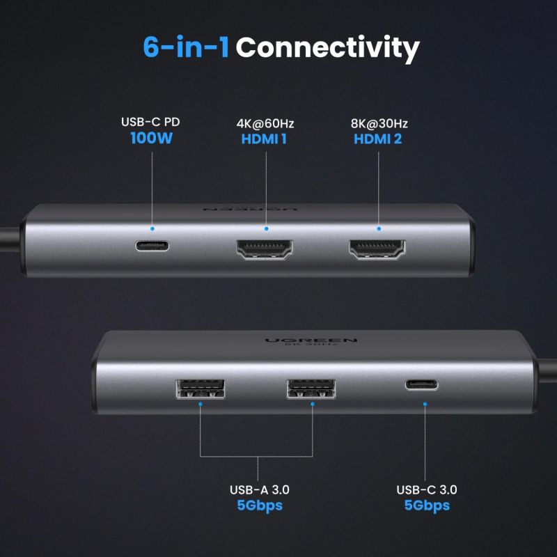 Док-станція USB3.1 Type-C --> HDMIx2,4K60Hz(8k30Hz)/USB 3.0x2/Type-C/PD 100W CM498 6 in 1 Ugreen (15852)