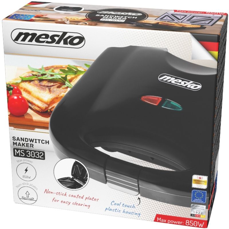 Сендвічниця Mesko MS 3032 850Вт/ незмінні пластини/ вертикальне зберігання/ чорна (MS3032)