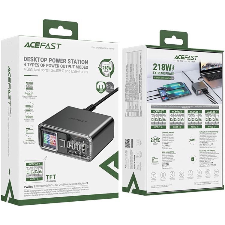 Зарядний пристрій 4xUSB 218W (3xUSB-C+USB-A) Gan Z4 Fast Charger Acefast (6974316282587)