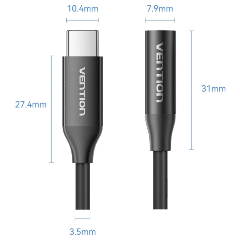Перехідник USB-C --> аудіо Jack 3.5мм, Aluminum Alloy, чорний Vention (BIIBA)