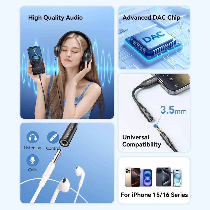 Перехідник USB-C --> аудіо Jack 3.5мм, Aluminum Alloy, чорний Vention (BIIBA)