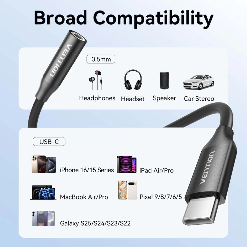 Перехідник USB-C --> аудіо Jack 3.5мм, Aluminum Alloy, чорний Vention (BIIBA)
