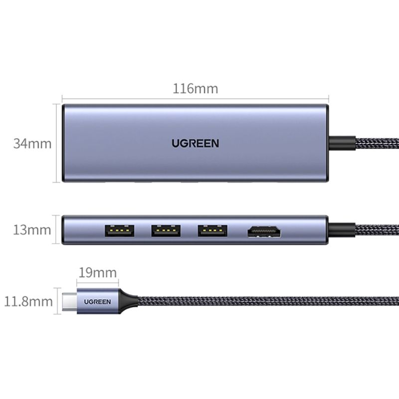 Док-станція USB3.0 Type-C --> HDMI 4K30Hz/3xUSB-А 3.0/Type-C/PD 100W 6-in-1 CM511 Ugreen (20956A)