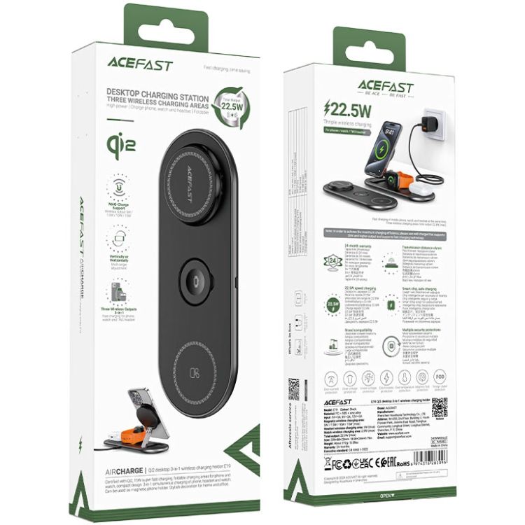 Зарядний пристрій Wireless QI 3in1 15W E19 Qi2 Acefast (6974316283096)