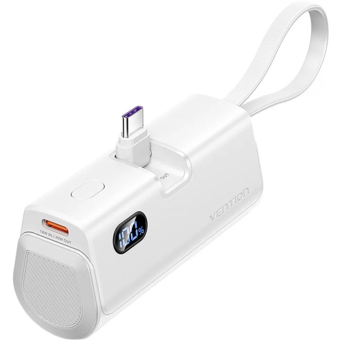 УМБ Vention 4800mAh 22,5W PD, USB-C In/Out, LED display, with built-in Lightning cable White (FHQW0)