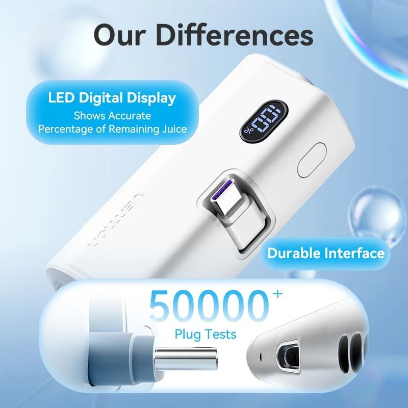 УМБ Vention 4800mAh 22,5W PD, USB-C In/Out, LED display, with built-in Lightning cable White (FHQW0)